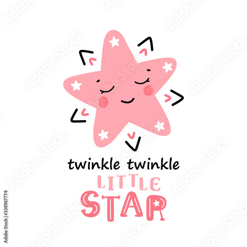 T-shirt Print Design for Kids with Cute Stars and "Twinkle Twinkle Little Star" Phrase. Scandinavian Poster with Space Stars for Nursery Design. Baby Shower, Holiday or Birthday Background.
