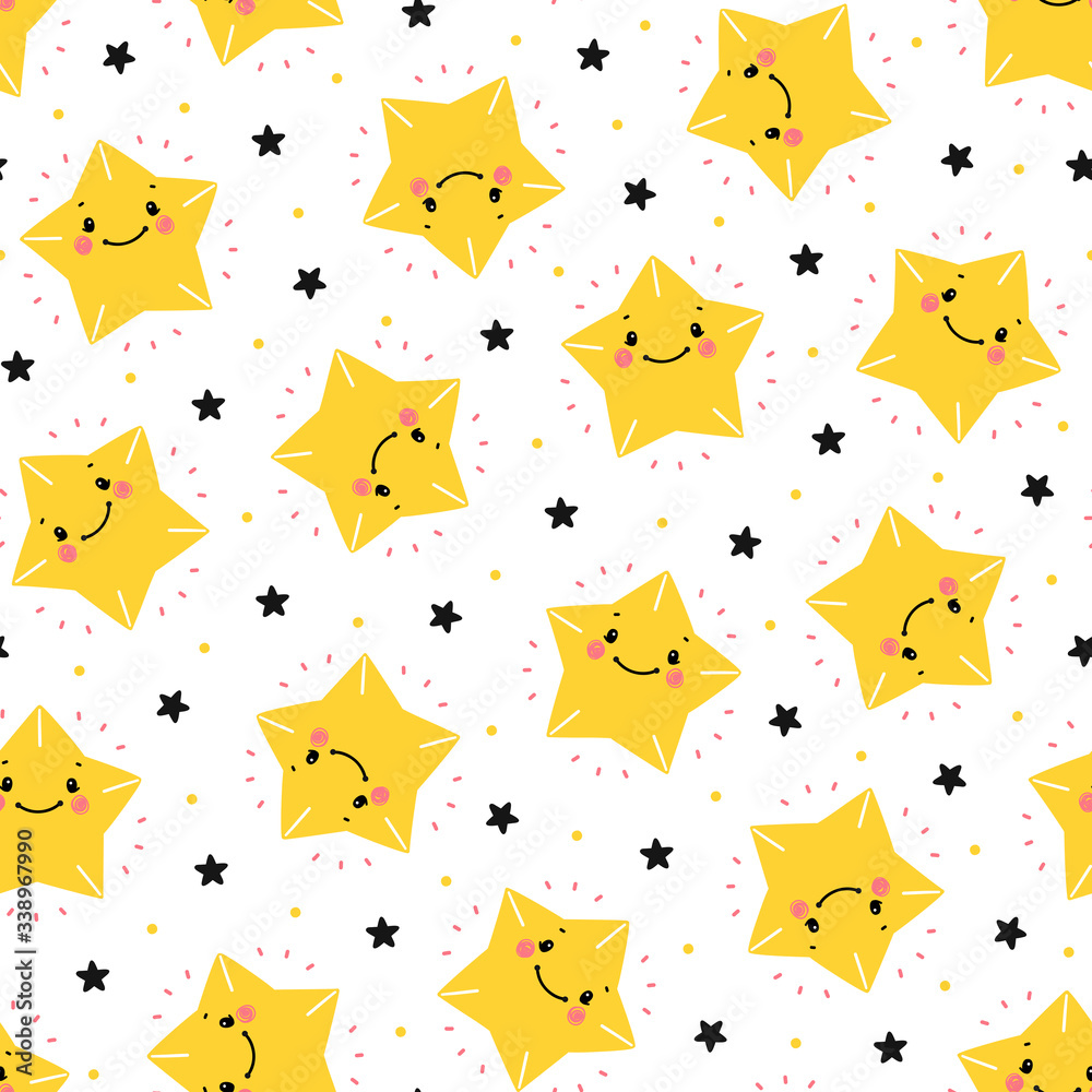 Kawaii Cute Stars Vector Seamless Pattern. Space Background with Smiling  Little Yellow Star for Kids Fashion, Nursery, Baby Shower Scandinavian  Design Stock Vector | Adobe Stock