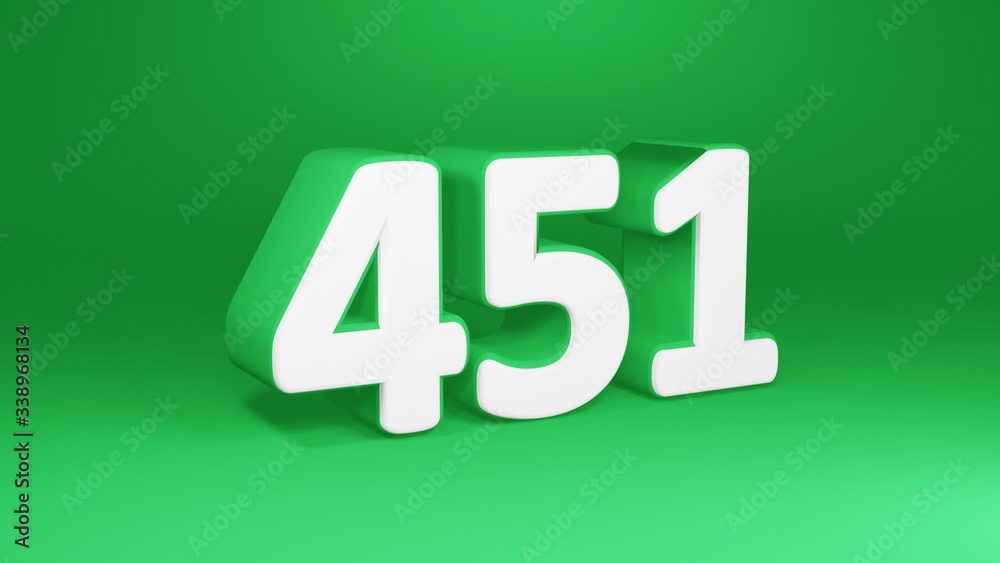 Number 451 in white on green background, isolated number 3d render Number 451 in white on green background, isolated number 3d render