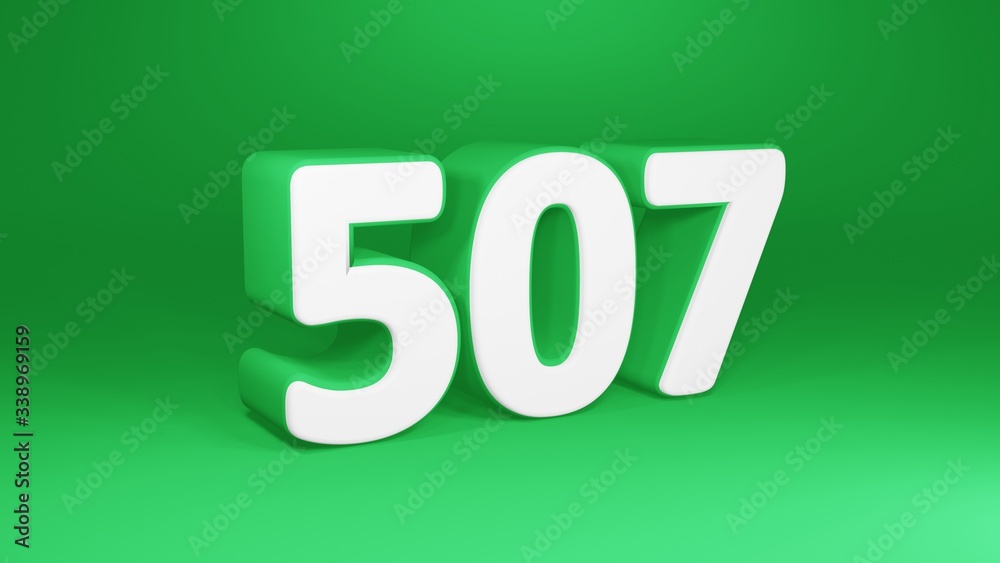 Number 507 in white on green background, isolated number 3d render Number 507 in white on green background, isolated number 3d render