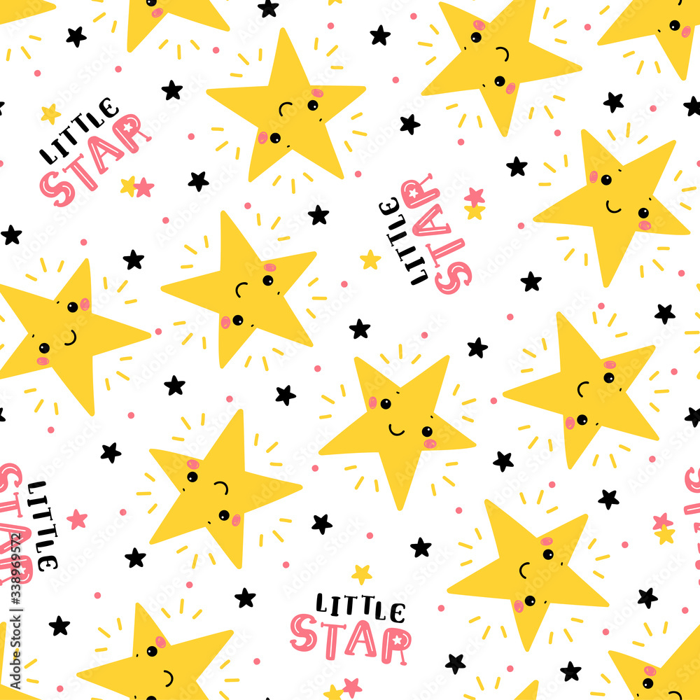 Cute Little Stars Vector Seamless Pattern. Space Background with Yellow Smiling Kawaii Star for Kids Fashion, Nursery, Baby Shower Scandinavian Design
Cute Little Stars Vector Seamless Pattern. Space Background with Yellow Smiling Kawaii Star for Kids Fashion, Nursery, Baby Shower Scandinavian Design
