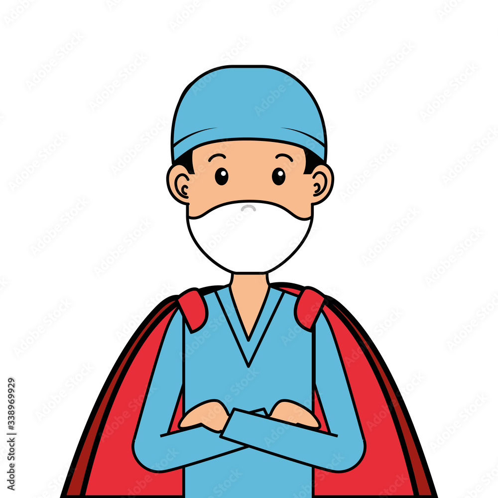 super male paramedic with face mask and hero cloak vector illustration design