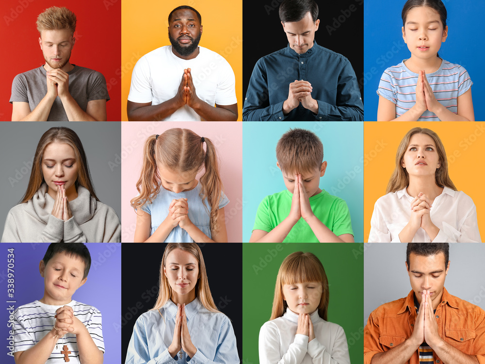 Set of praying people on color background Set of praying people on color background