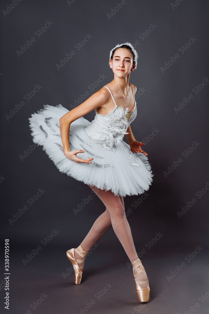 Fototapeta premium Classical Ballet dancer portrait. Beautiful graceful ballerina in white tutu from Swan lake practice releve ballet position in the studio. Vertical image of gifted young teenager in pointe on hippies