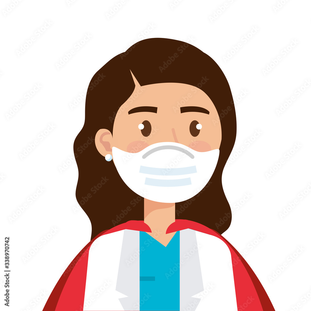 super doctor female with face mask and hero cloak vector illustration design