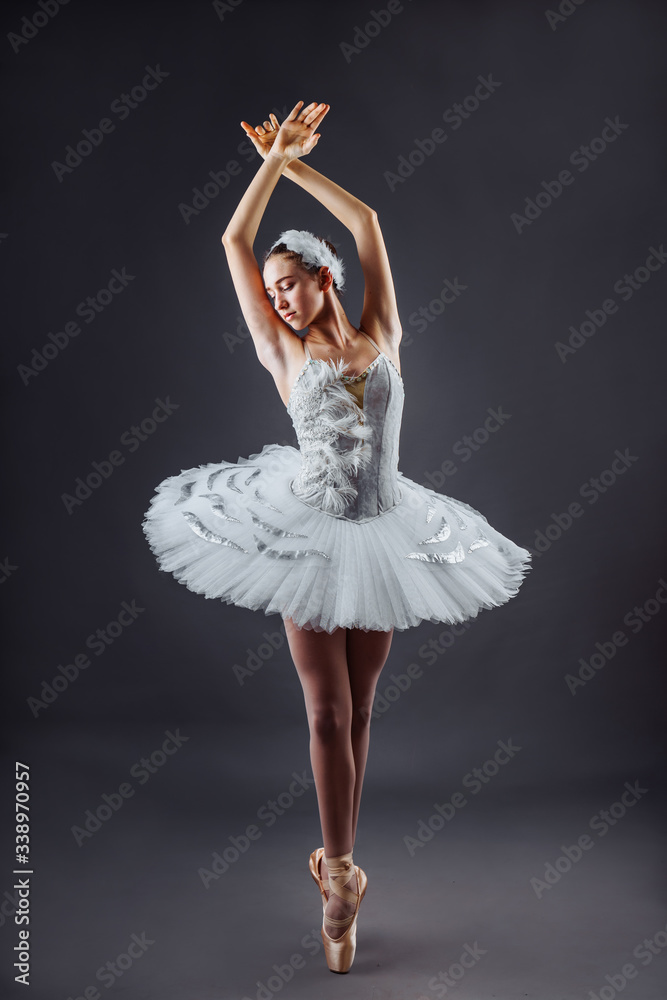 Ballerina dancing in white dress. Color photo. Graceful ballet dancer or classic ballerina dancing isolated on grey studio background. Ballerina on point shoes feet tutu from Lake Swan - obrazy, fototapety, plakaty 
