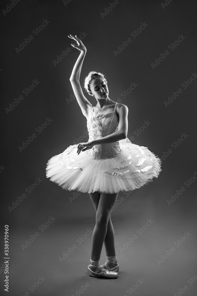 Fototapeta premium Portrait of ballerina in tutu and pointe shoes making a beautiful pose. Black and white photography. Graceful ballet dancer or classic ballerina dancing isolated on grey studio background. 
