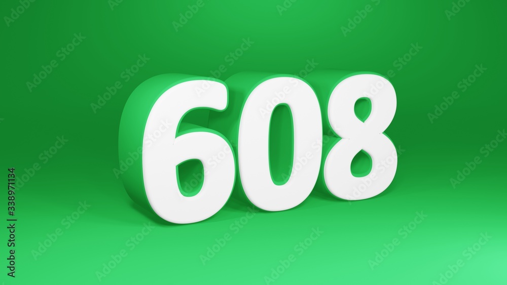 Number 608 in white on green background, isolated number 3d render Number 608 in white on green background, isolated number 3d render