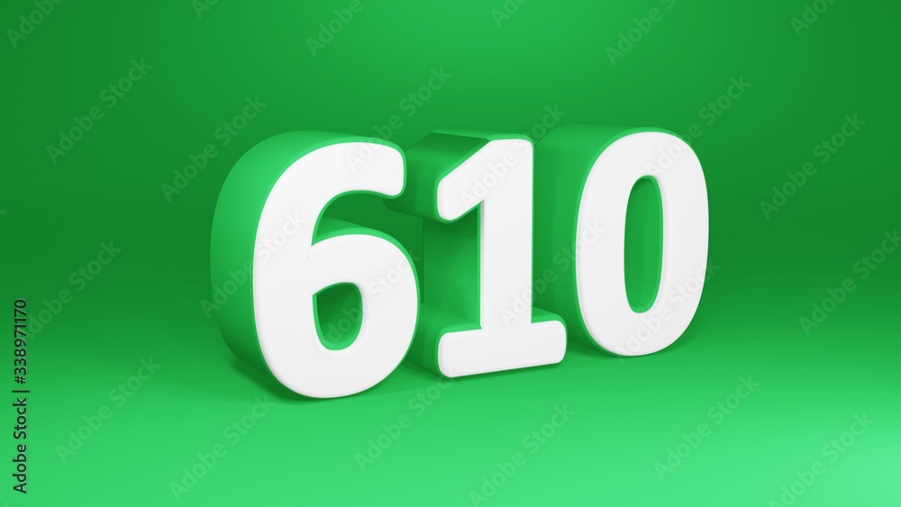 Number 610 in white on green background, isolated number 3d render Number 610 in white on green background, isolated number 3d render