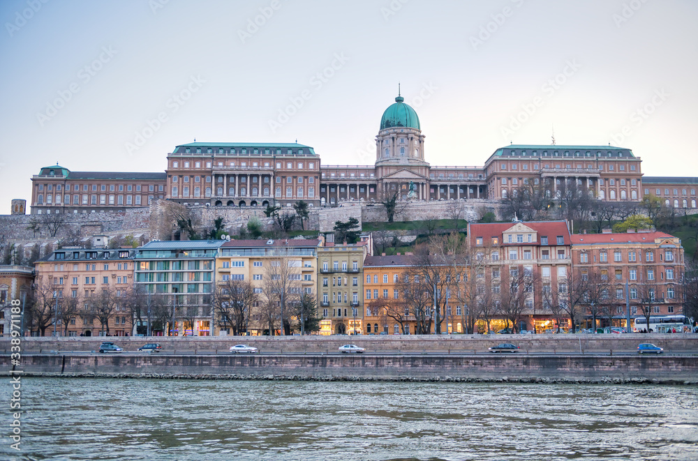 Hungarian buildings along Danube river at sunset, Budapest - Hungary