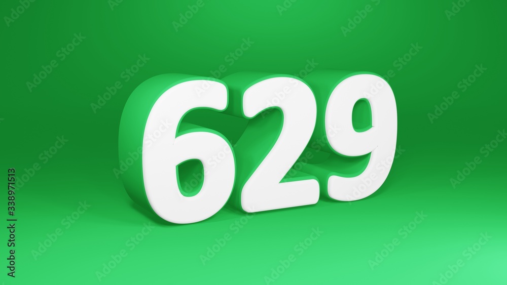 Number 629 in white on green background, isolated number 3d render Number 629 in white on green background, isolated number 3d render