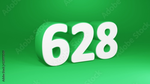 Number 628 in white on green background, isolated number 3d render