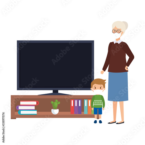 campaign stay at home with grandmother with grandson using face mask watching tv vector illustration design