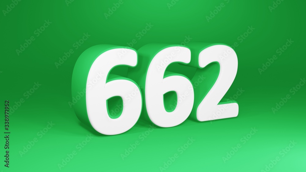 Number 662 in white on green background, isolated number 3d render Number 662 in white on green background, isolated number 3d render