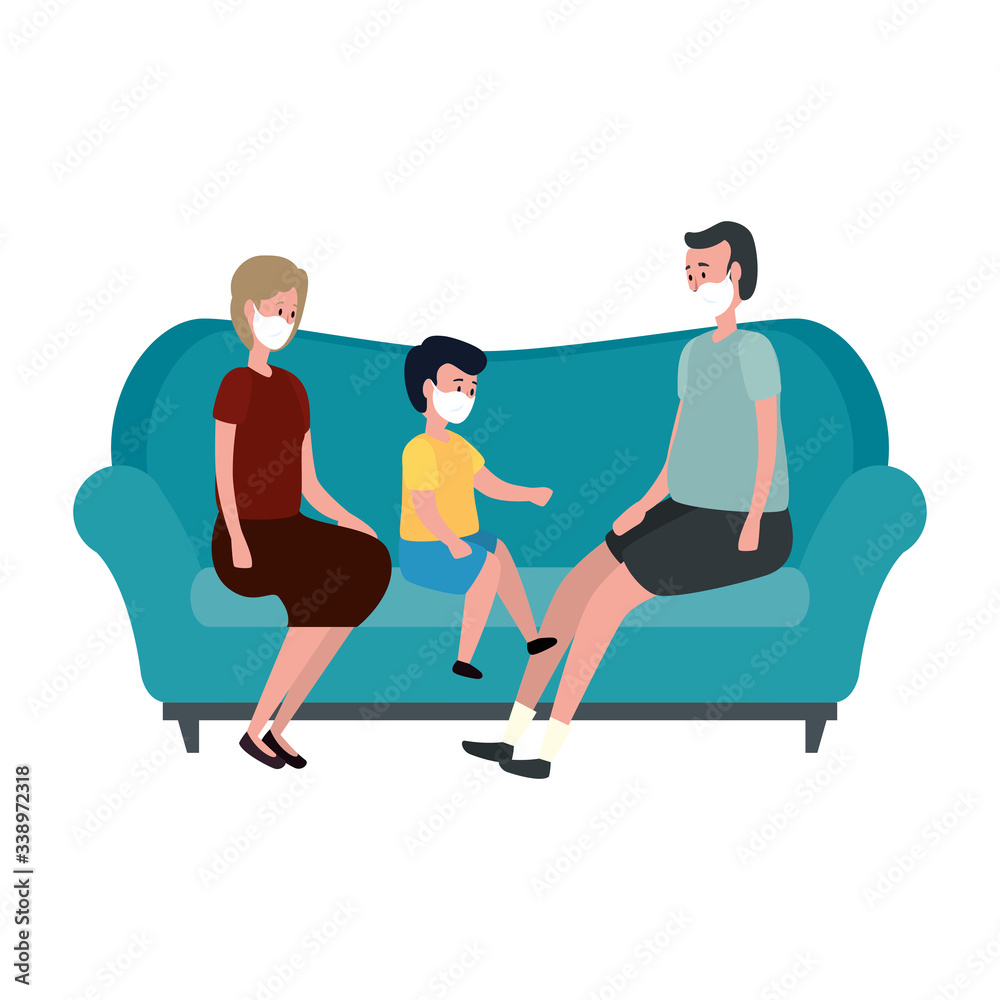 Obraz premium campaign stay at home with family using face mask in living room vector illustration design