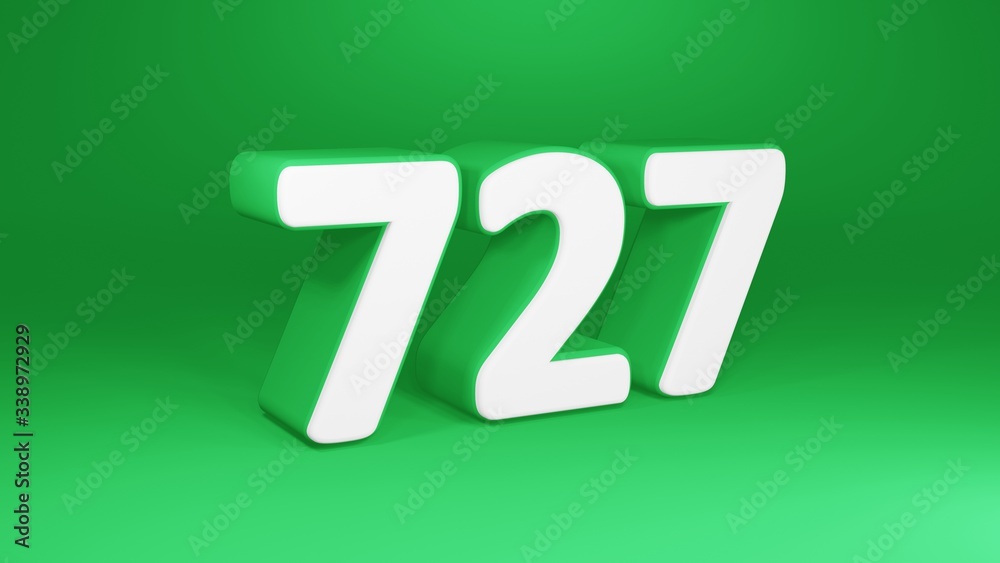 Number 727 in white on green background, isolated number 3d render Number 727 in white on green background, isolated number 3d render