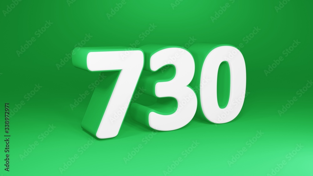 Number 730 in white on green background, isolated number 3d render Number 730 in white on green background, isolated number 3d render
