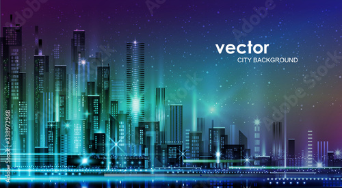 Night city illustration with neon glow and vivid colors. illustration with architecture  skyscrapers  megapolis  buildings  downtown.