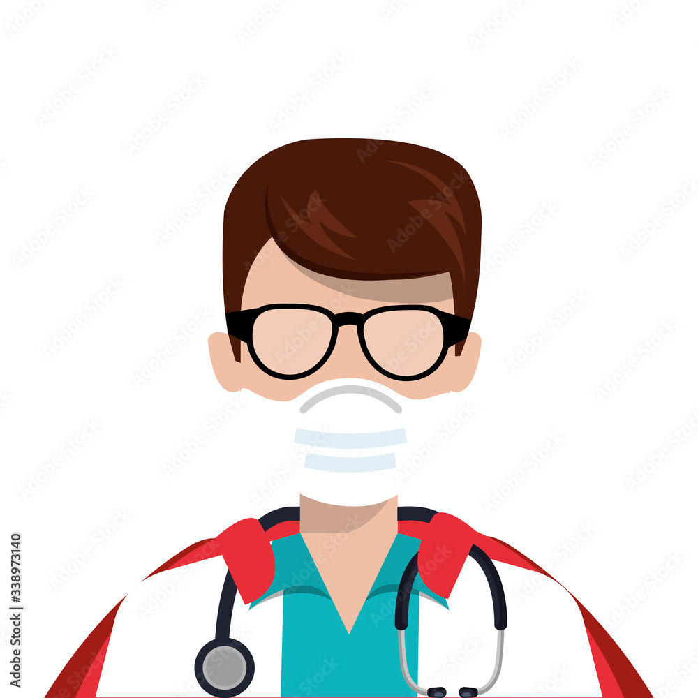 super doctor male with face mask and hero cloak vector illustration design