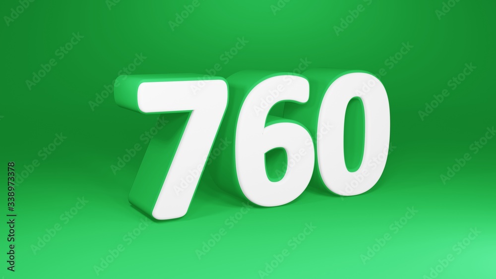 Number 760 in white on green background, isolated number 3d render