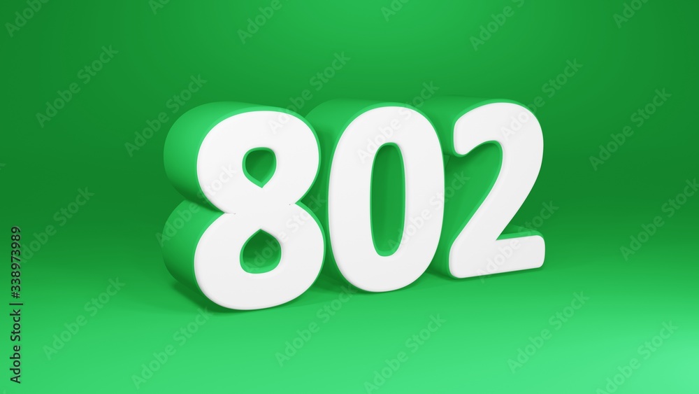 Number 802 in white on green background, isolated number 3d render