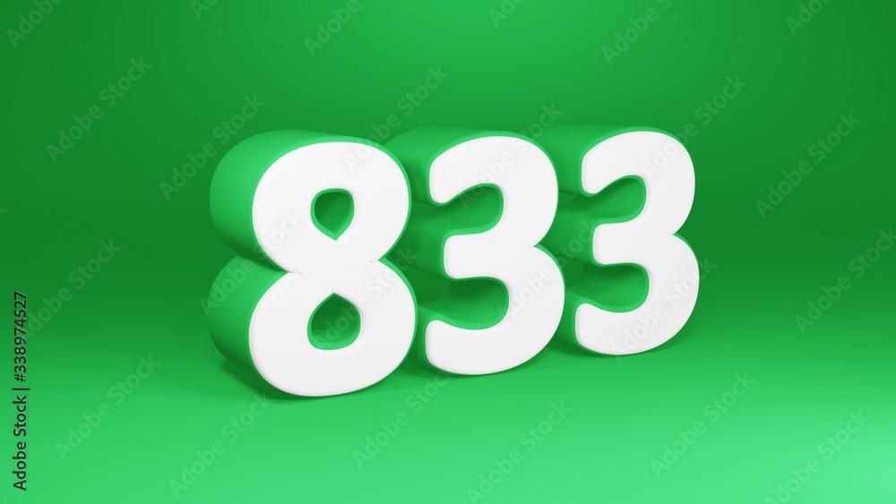 Number 833 in white on green background, isolated number 3d render Number 833 in white on green background, isolated number 3d render