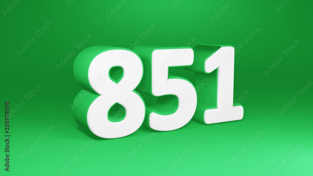 Number 851 in white on green background, isolated number 3d render Number 851 in white on green background, isolated number 3d render