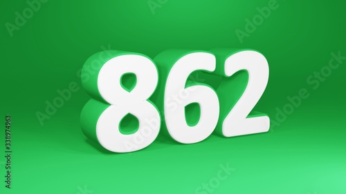 Number 862 in white on green background, isolated number 3d render