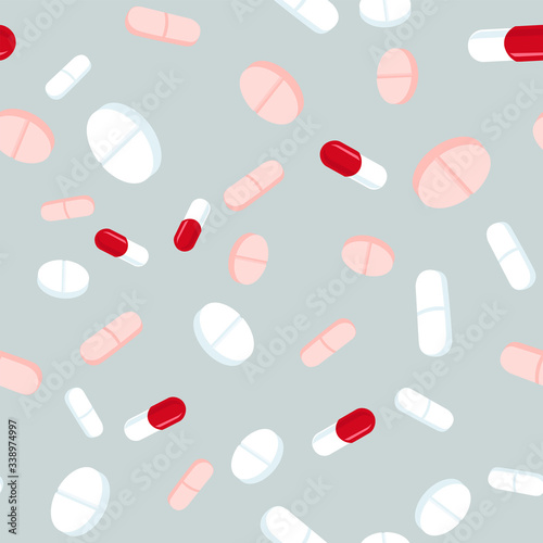 Red and white pills seamless pattern. Medicine background, abstract capsules and medical tablets flatlay vector illustration