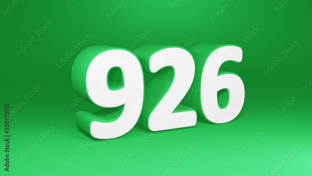 Number 926 in white on green background, isolated number 3d render Number 926 in white on green background, isolated number 3d render