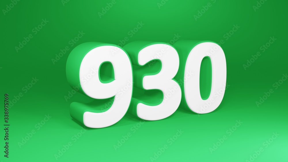 Number 930 in white on green background, isolated number 3d render Number 930 in white on green background, isolated number 3d render