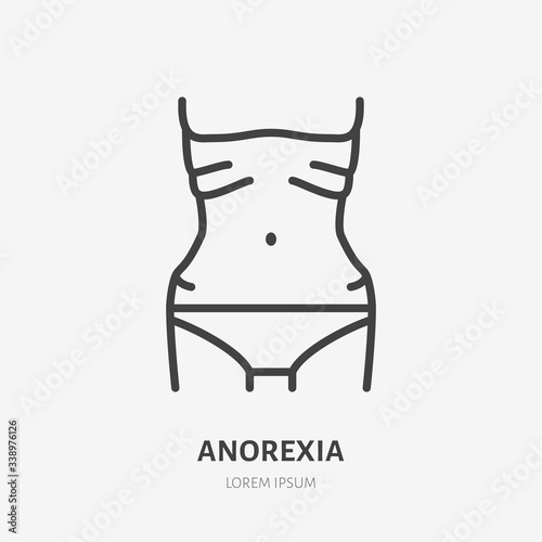 Anorexia line icon, vector pictogram of woman with eating disorder. Girl having body underweight illustration, weight loss sign for medical poster
