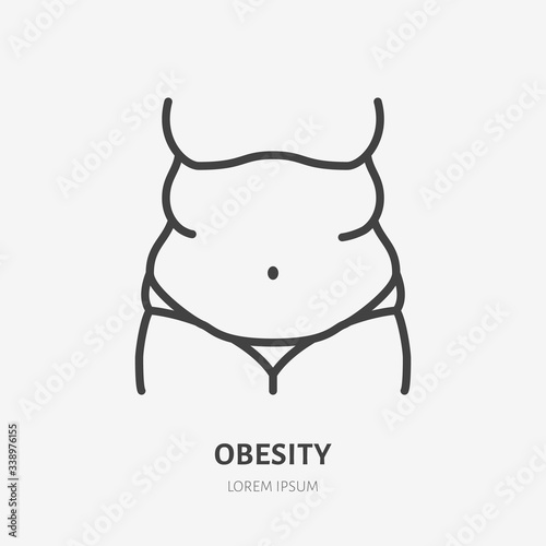 Obesity line icon, vector pictogram of woman with fat belly. Girl having body overweight illustration, unhealthy lifestyle sign for medical poster