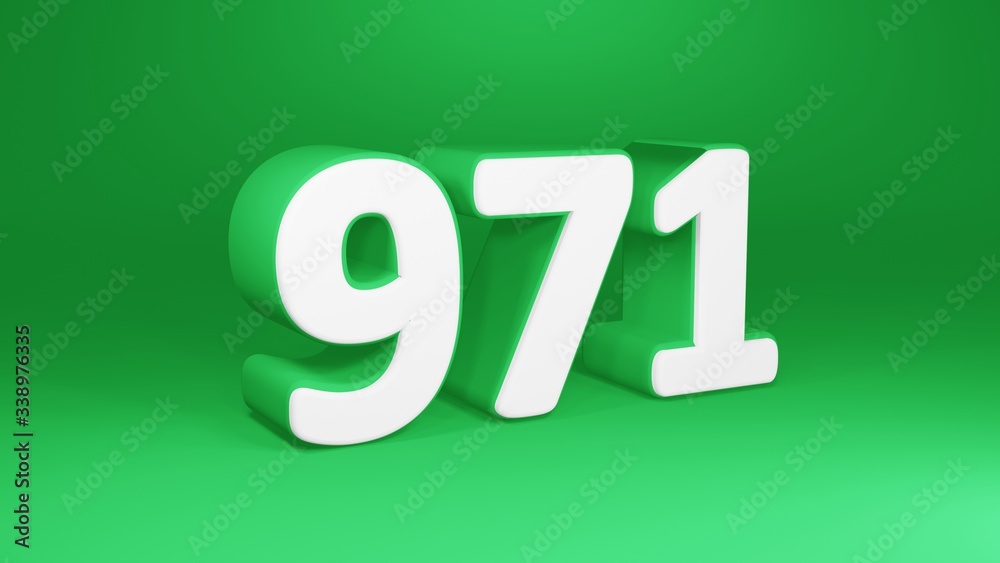 Number 971 in white on green background, isolated number 3d render Number 971 in white on green background, isolated number 3d render