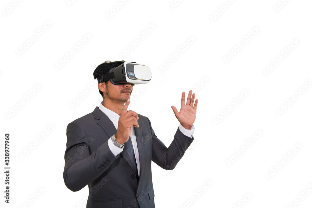 Businessman having fun with VR headset device simulation in white background Businessman having fun with VR headset device simulation in white background