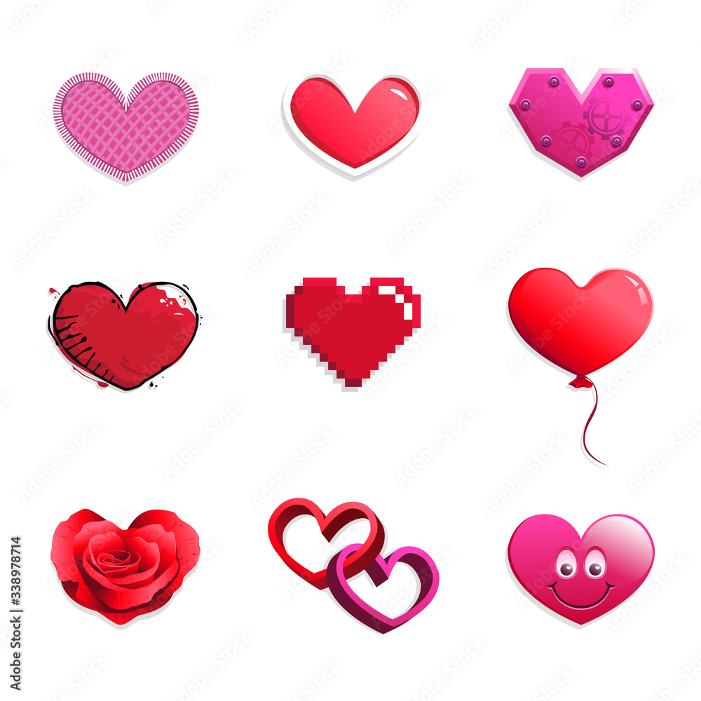 Vector set of red and pink hearts in different styles: cloth, glossy, mechanical, grunge, pixelated, balloon, rose petals, intertwined 3D and smiling emoticon. Can represent love, union, marriage, Val