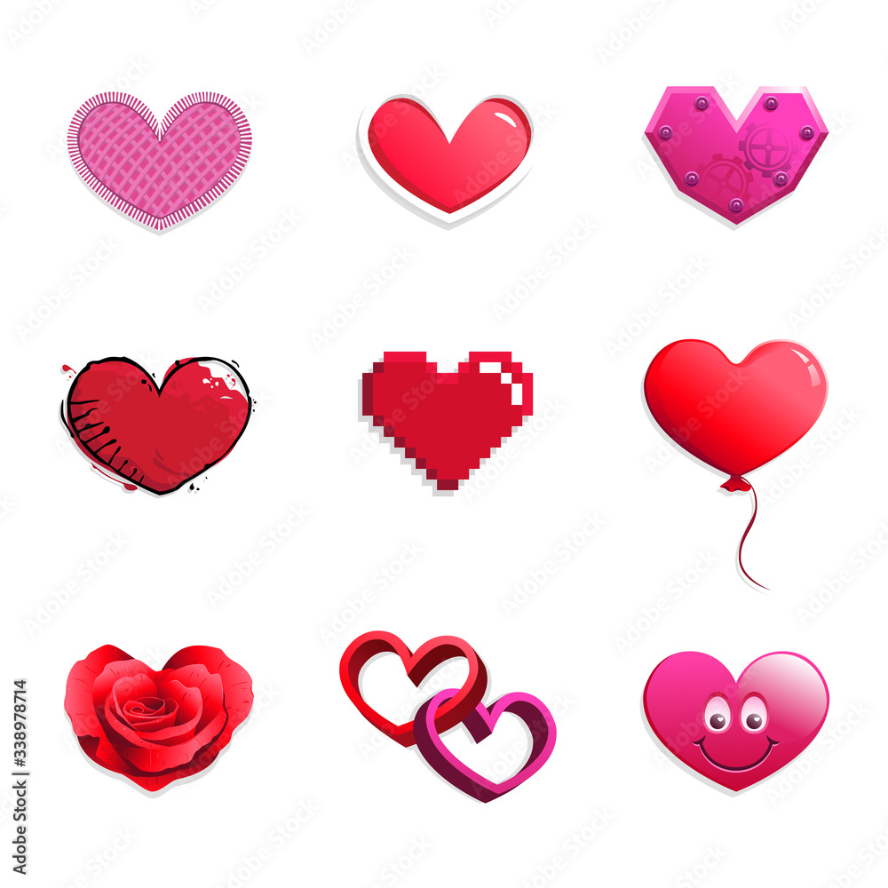 Vector set of red and pink hearts in different styles: cloth, glossy, mechanical, grunge, pixelated, balloon, rose petals, intertwined 3D and smiling emoticon. Can represent love, union, marriage, Val Vector set of red and pink hearts in different styles: cloth, glossy, mechanical, grunge, pixelated, balloon, rose petals, intertwined 3D and smiling emoticon. Can represent love, union, marriage, Val