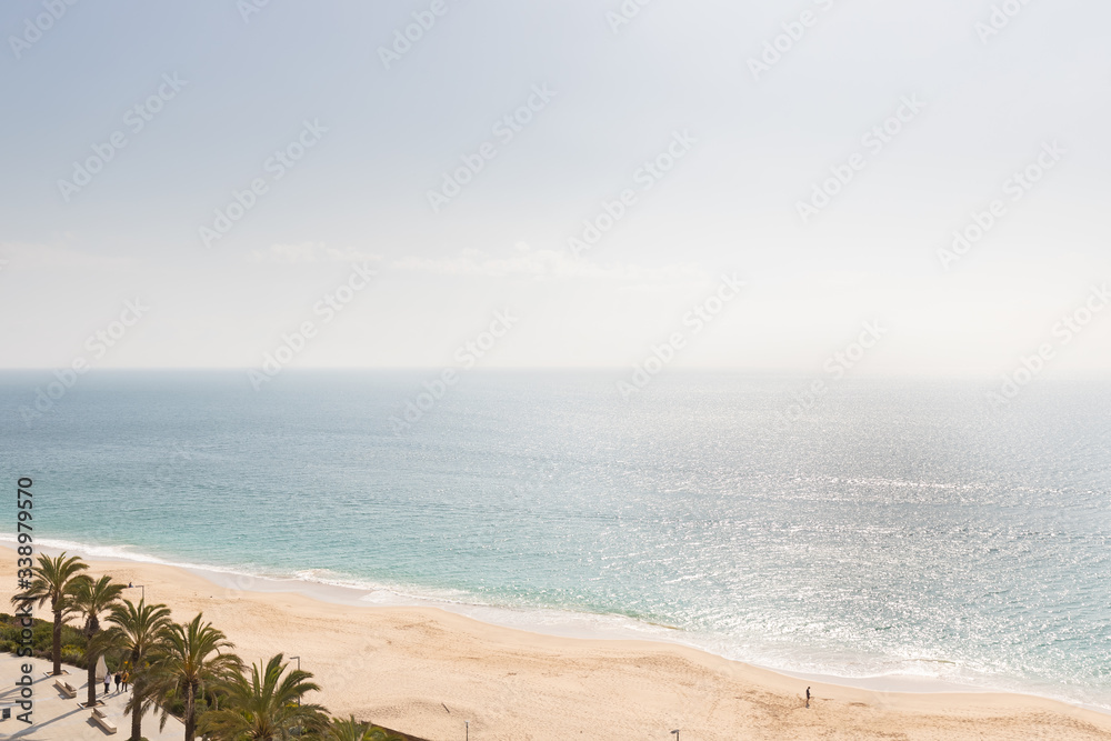 aerial view of Sesimbra beach, Portugal with palm trees
