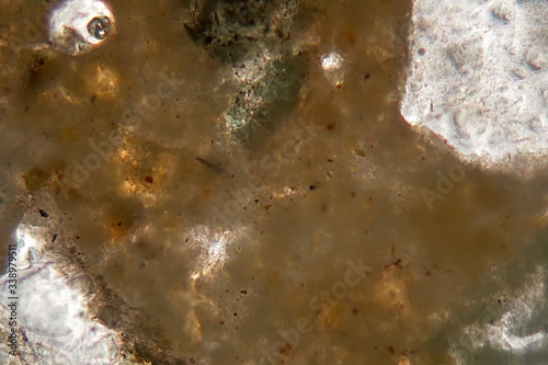 Fotografi Microscopic photo of a petrographic thin section of roman concrete, opus caementicium, in polarized light