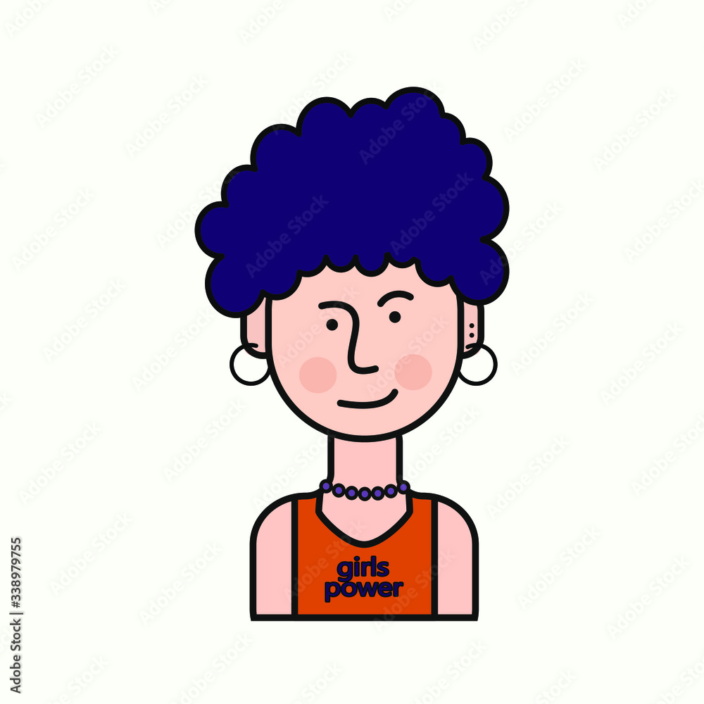 vector character.
girl with purple curly hair in an orange T-shirt with the words vector character.
girl with purple curly hair in an orange T-shirt with the words