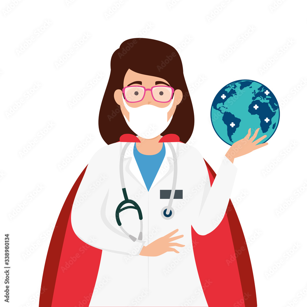 super doctor female with hero cloak and world planet vector illustration design super doctor female with hero cloak and world planet vector illustration design