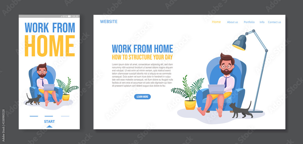 Freelancer working from home and connecting online, landing page template and mobile app design. Man work at home in the chair in the room with cat, plant, lamp. Vector flat cartoon illustration