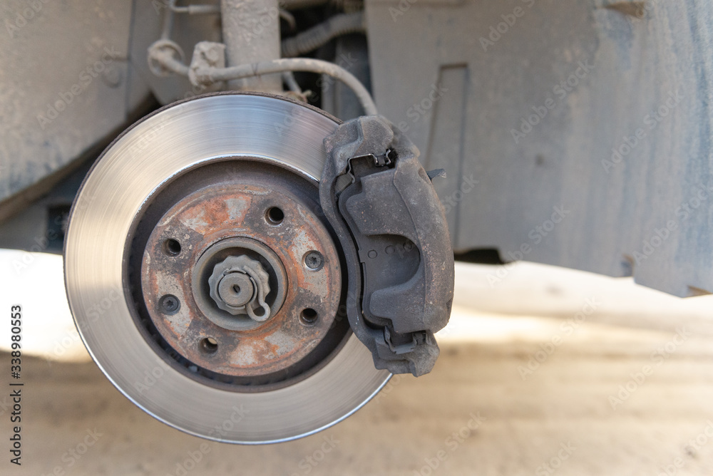 Brake drive on the car. Brakes during the replacement of the wheels. Service brakes in the service station.