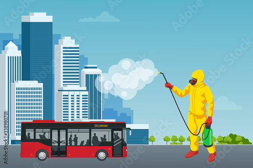 Isometric man wearing a protective suit disinfects bus and bus stop a spray gun. Virus pandemic COVID-19. Prevention against Coronavirus disease COVID-19.