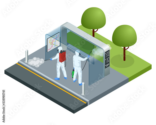 Isometric man wearing a protective suit disinfects the bus stop with a spray gun. Virus pandemic COVID-19. Prevention against Coronavirus disease COVID-19.