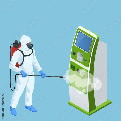 Isometric man wearing a protective suit disinfects online payment systems and self-service payments terminals with spray gun. Virus pandemic COVID-19. Prevention against Coronavirus disease COVID-19.