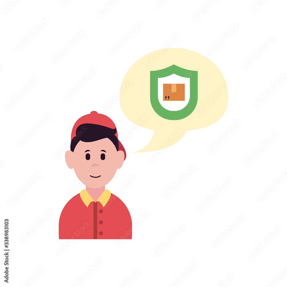 cartoon delivery man with speech bubble with box icon, flat style