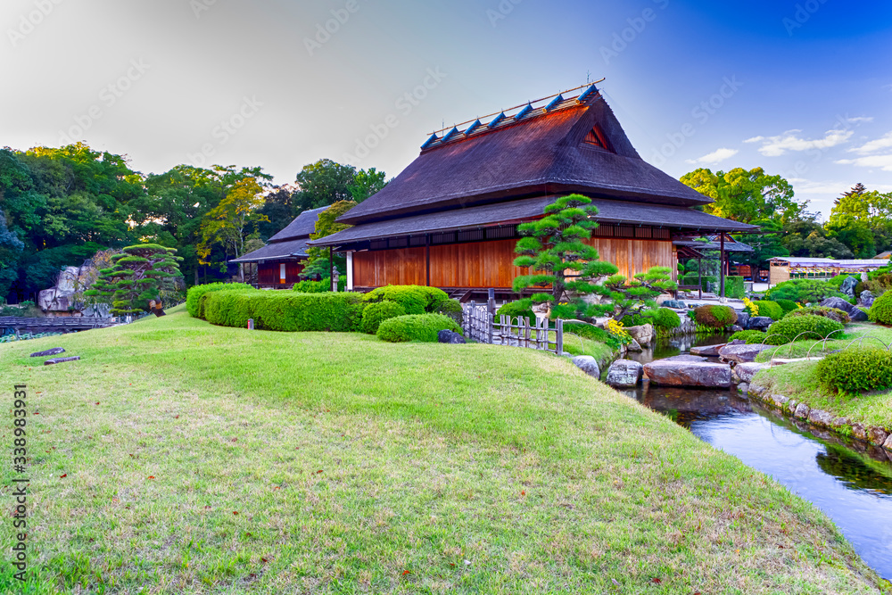 Classic Japanese Garden on Kayo-no-ike Pond in Okayama Korakuen Garden in Okayama City, Japan.
