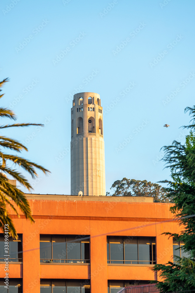 Coit Tower and Telegraph Hill neighborhood residential area in San Francisco, California, USA