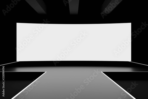 Modern stage with blank white wide screen display 3D render mockup
